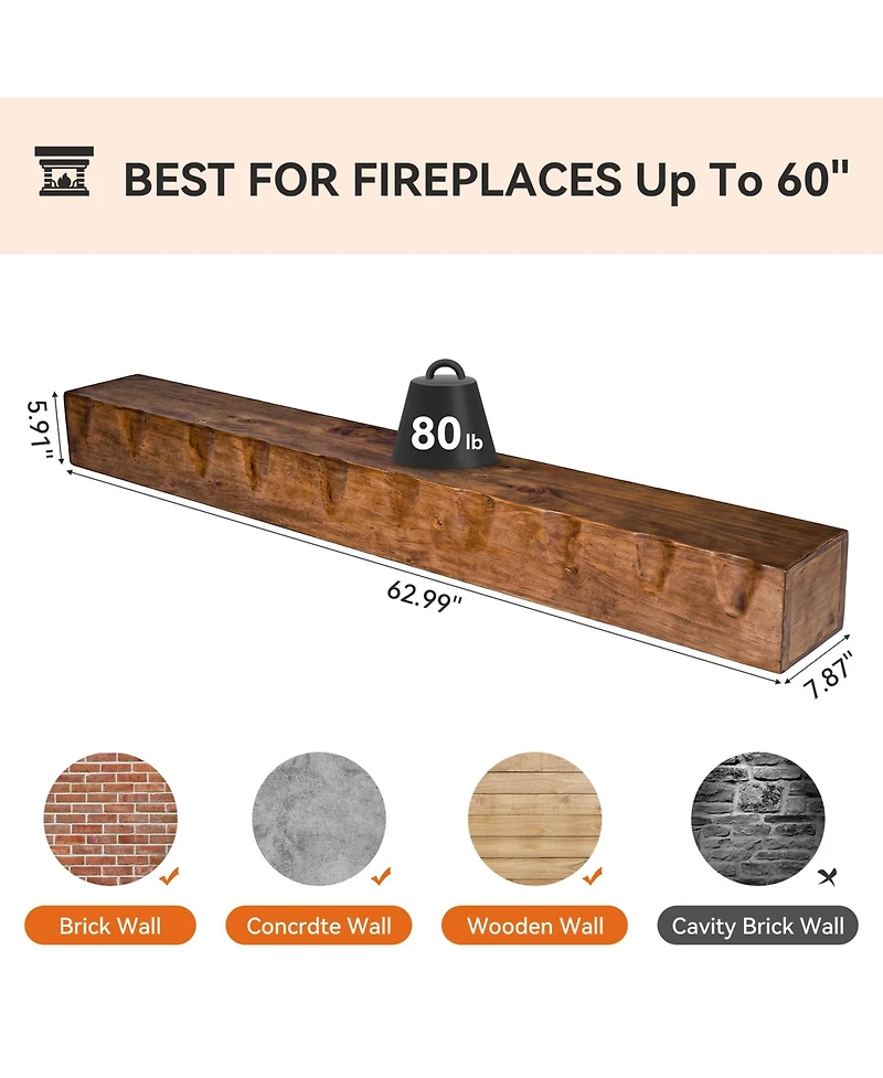 Tribesigns Fireplace Mantel Shelf, 63-Inch Solid Wood Wall Floating Mantel Shelf for Over Fireplace
