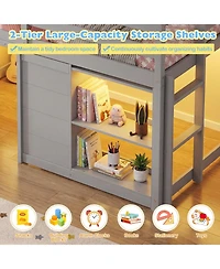 Slickblue Kids Wooden Low Loft Bed with Led Lighting and Dual Doors Storage Design