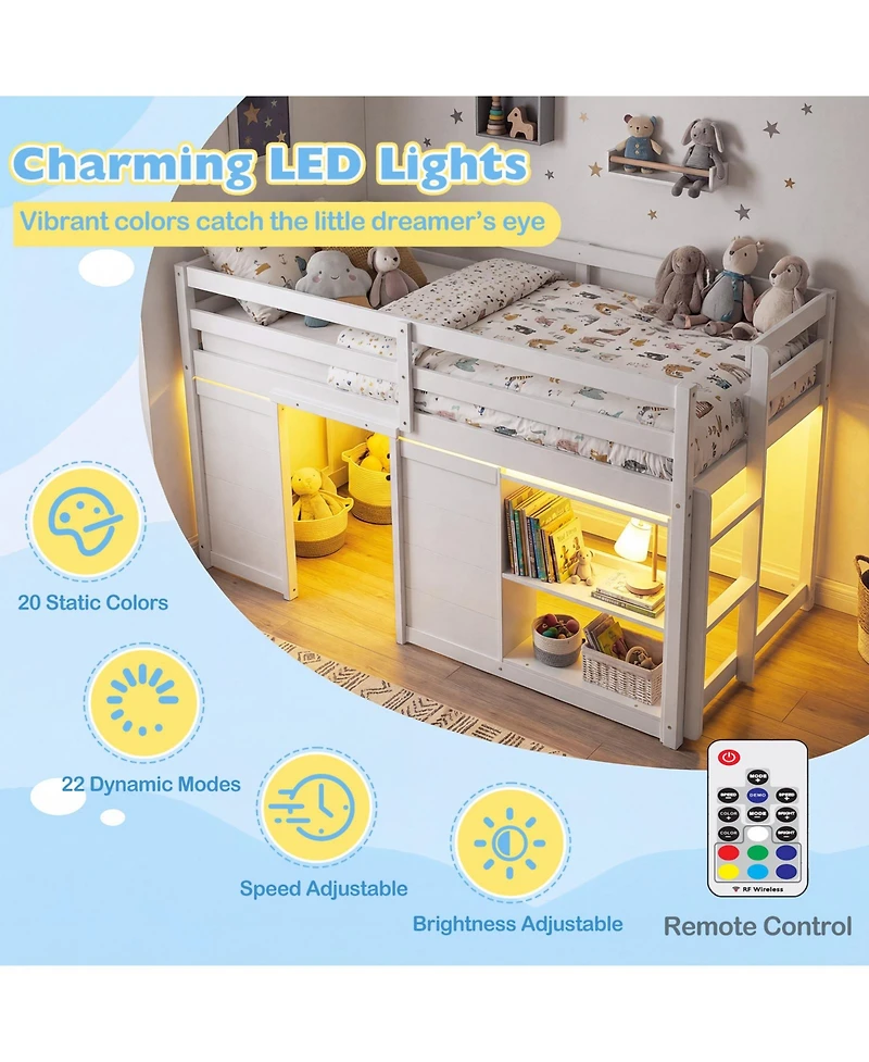 Slickblue Kids Wooden Low Loft Bed with Led Lighting and Dual Doors Storage Design