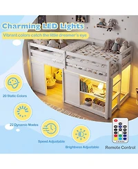 Slickblue Kids Wooden Low Loft Bed with Led Lighting and Dual Doors Storage Design