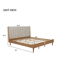 Sailvan Wood Bed with Piano Key Style Upholstered Headboard, Wood Bed with Strengthened Bed Frame