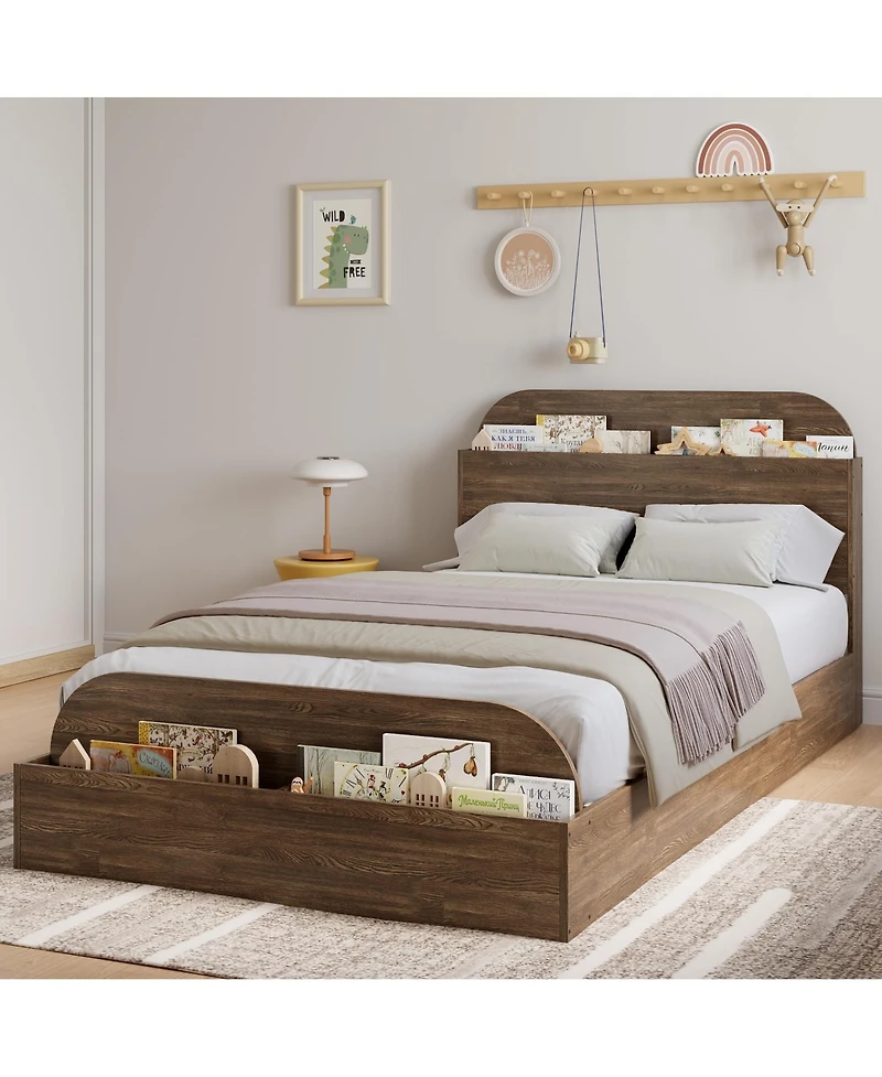 Homfan Wooden Beds with Storage Headboard and Raised-Foodboard, Twin-Floor Low Platform Bed for Bedroom