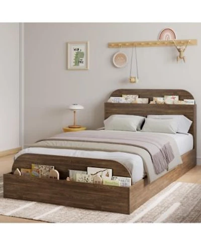 Homfan Wooden Beds With Storage Headboard Raised Foodboard Twin Floor Low Platform Bed For Bedroom Sturdy Wooden Slats Support