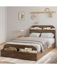Homfan Wooden Beds With Storage Headboard Raised Foodboard Twin Floor Low Platform Bed For Bedroom Sturdy Wooden Slats Support