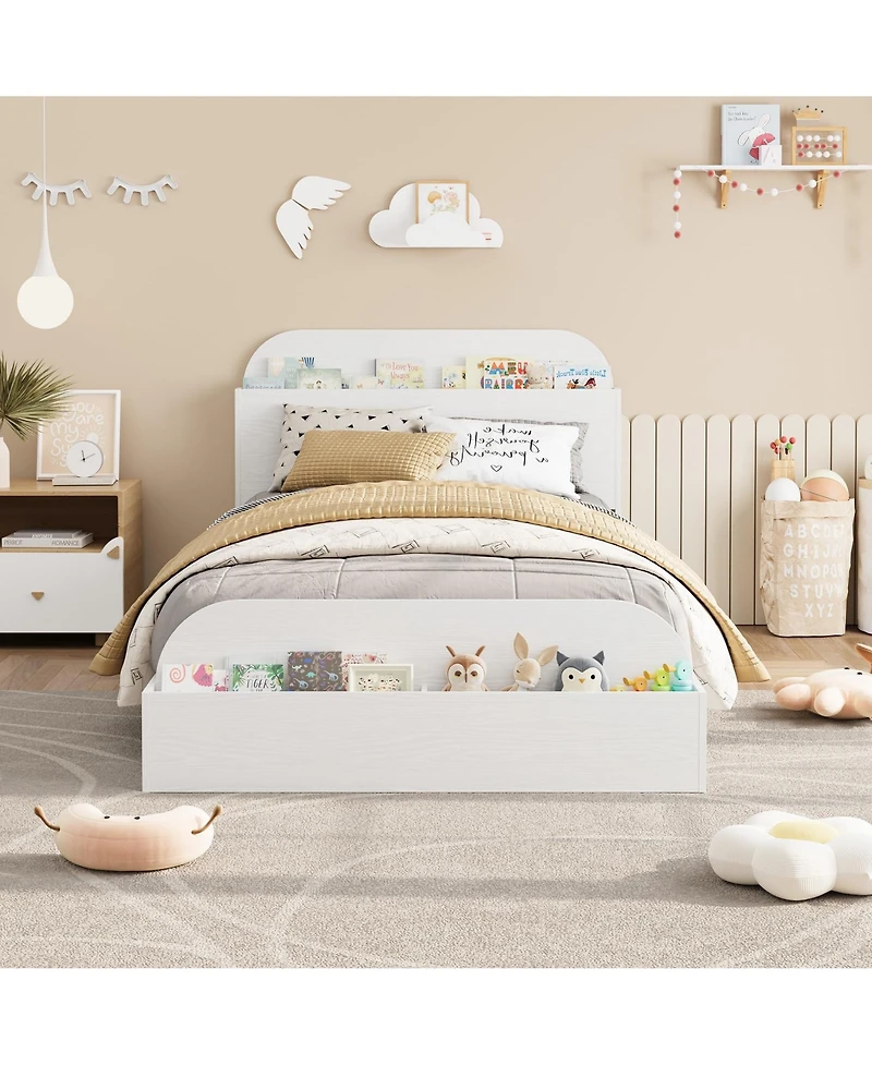 Homfan Wooden Beds with Storage Headboard and Raised-Foodboard, Twin-Floor Low Platform Bed for Bedroom