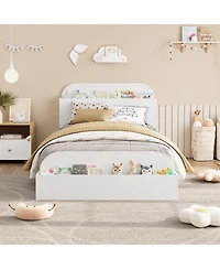 Homfan Wooden Beds with Storage Headboard and Raised-Foodboard, Twin-Floor Low Platform Bed for Bedroom