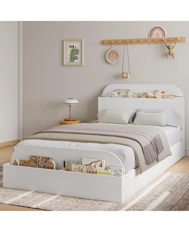 Homfan Wooden Beds with Storage Headboard and Raised-Foodboard, Twin-Floor Low Platform Bed for Bedroom