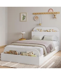 Homfan Wooden Beds with Storage Headboard and Raised-Foodboard, Twin-Floor Low Platform Bed for Bedroom