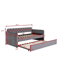 Rainsken Daybed with Trundle,Velvet Upholstered Day Bed with Usb Charging Design, No Box Spring Needed for Bedroom, Living Room