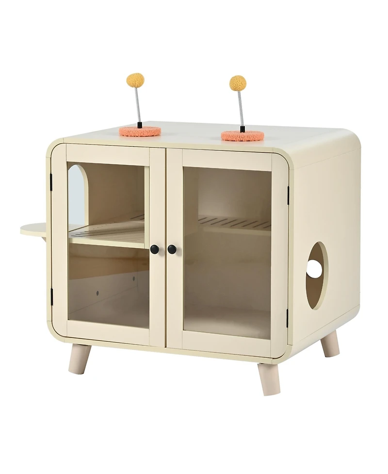 Zeus & Ruta Cat Hidden Litter Box Enclosure, Washroom Cabinet with Leak Walkway and Glass Doors for Better View