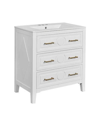 Busdays 30 Inch Bathroom Vanity with Ceramic Sink Freestanding Single Vanity 3 Drawers Solid Wood Frame Storage Cabinet