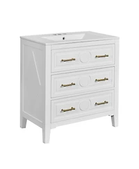 Busdays 30 Inch Bathroom Vanity with Ceramic Sink Freestanding Single Vanity 3 Drawers Solid Wood Frame Storage Cabinet