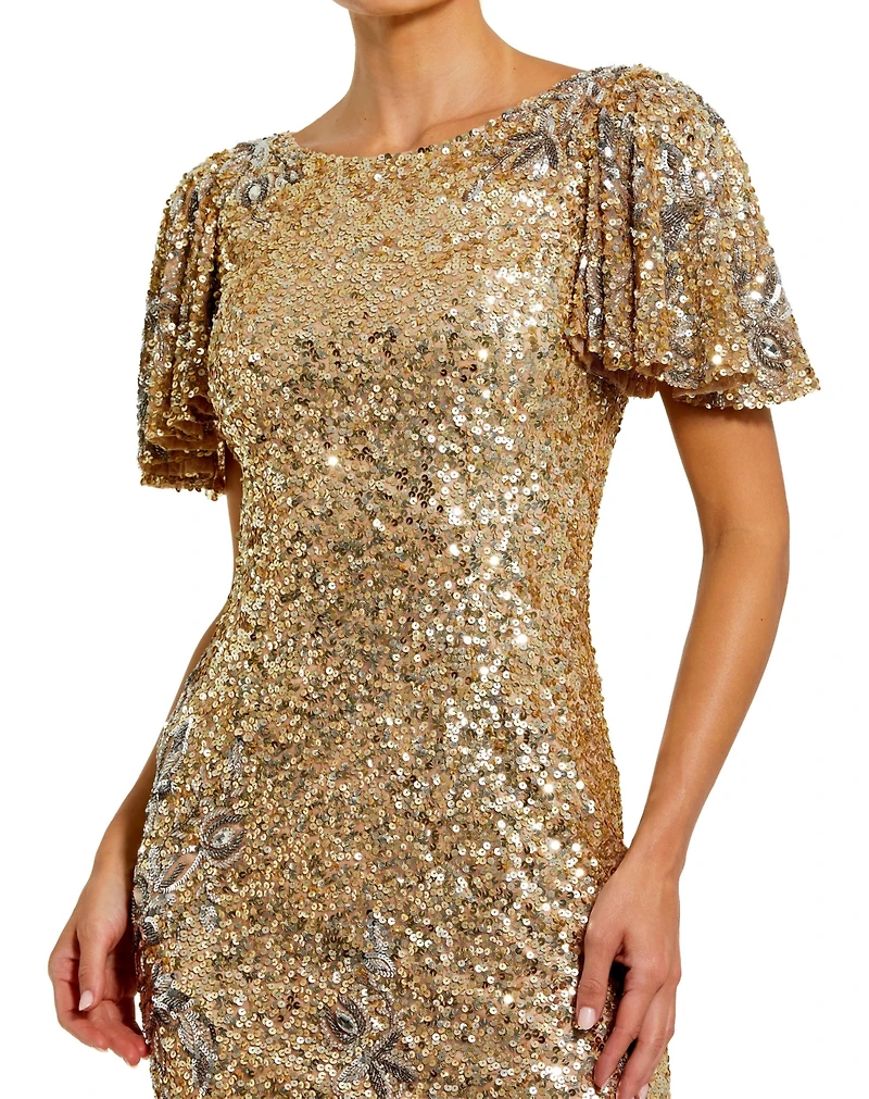 Mac Duggal Women's Flutter Sleeve Floral Embellished Sequin Midi Dress