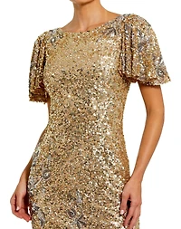 Mac Duggal Women's Flutter Sleeve Floral Embellished Sequin Midi Dress