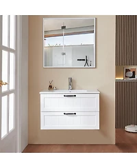 Sillysis 31.5 Inch Wall Mounted Bathroom Vanity with Sink and Mirror, Modern White Floating Solid Wood Cabinet, Soft Close Drawers