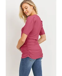 Hello Miz Maternity Ribbed Ruched Short Sleeve Puff Top