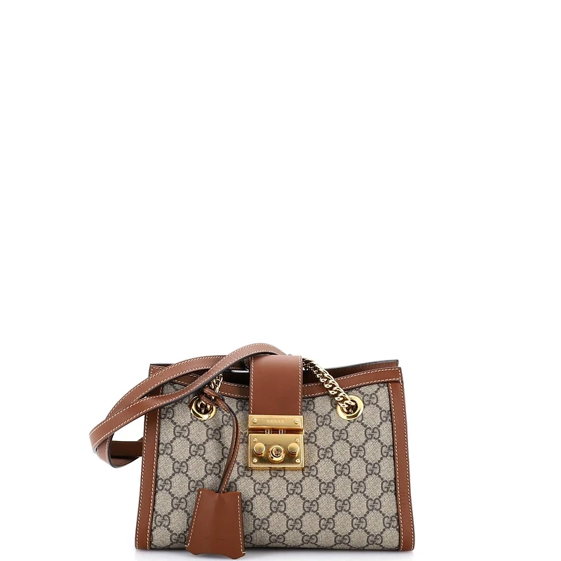 Pre-Owned Gucci Small Padlock Chain Tote Gg Coated Canvas with Leather