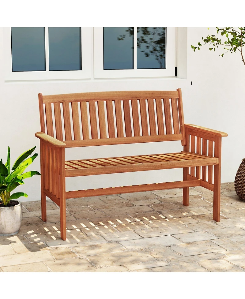 Gymax Outdoor Wood Garden Bench Backrest Armrests and Slatted Seat for Front Porch