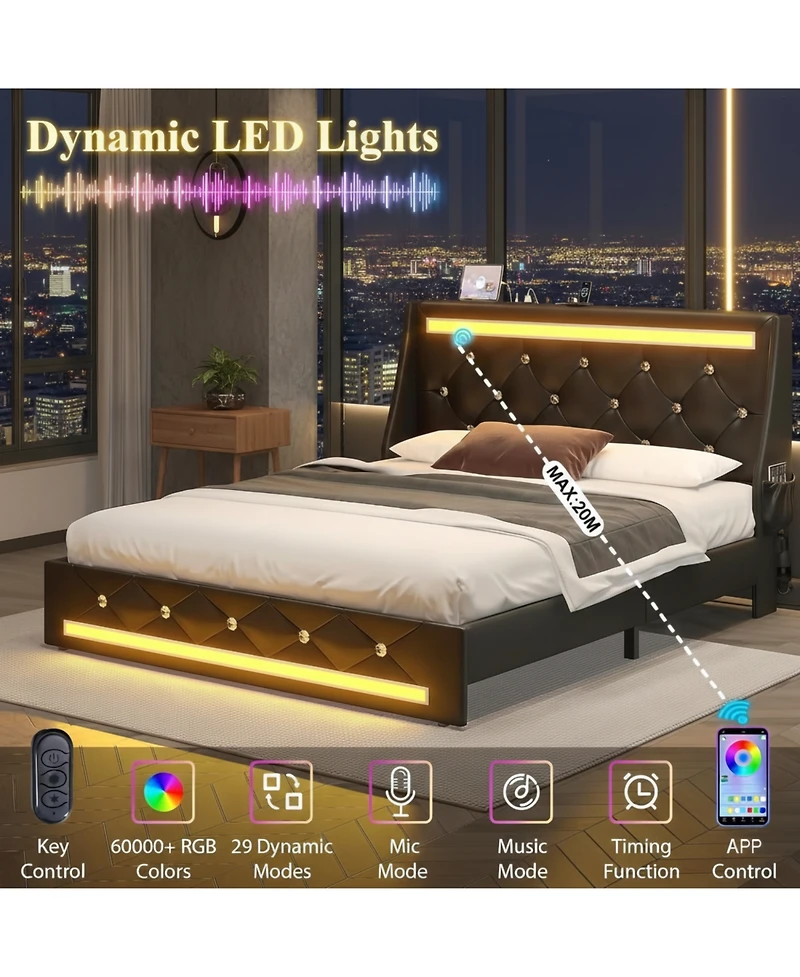 Rainsken Upholstered Full Size Platform Bed Frame, with Led Light and Charging Station, Noise Free, Wingback Design, No Box Spring Needed