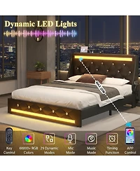 Rainsken Upholstered Full Size Platform Bed Frame, with Led Light and Charging Station, Noise Free, Wingback Design, No Box Spring Needed