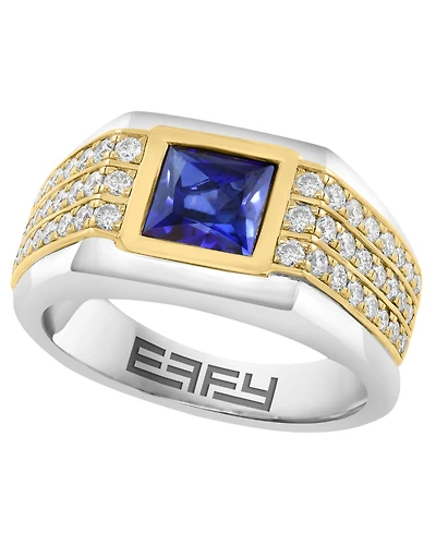 Effy Collection Men's Lab Grown Sapphire (2-1/10 ct. t.w.) and Diamond (3/4 ct. t.w.) Ring in Sterling Silver with Gold