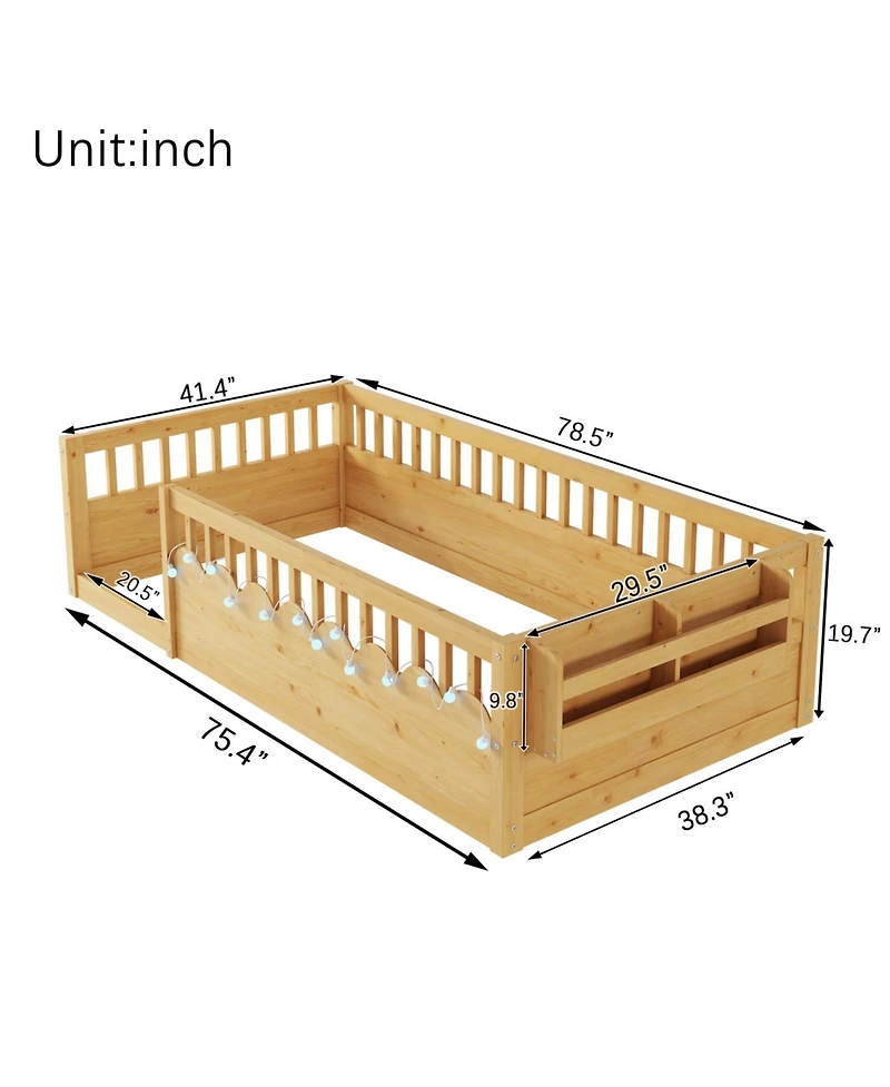 Rainsken Montessori Floor Bed with Storage Shelf and Light, No Slats Included