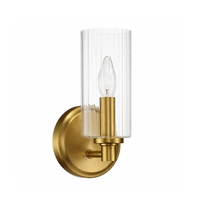 Busdays Single Light Wall Sconce Clear Ribbed Glass Satin Brass Modern Wall Light Fixture for Bathroom Bedroom Living Room