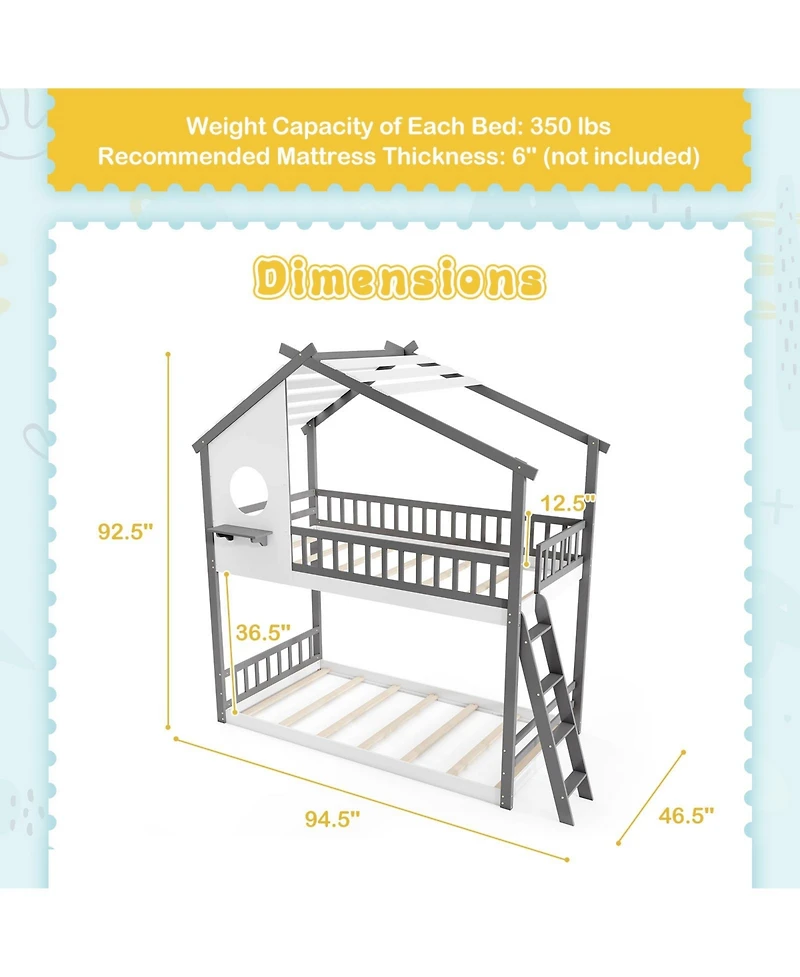 Slickblue Kids House Bunk Bed Twin Over Twin with Roof and Safety Rails