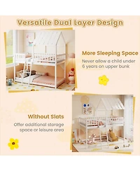 Slickblue House Style Twin Over Bunk Bed with Roof, Guardrails for Kids and Teens Room