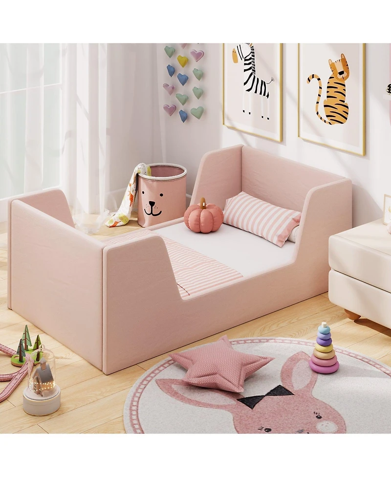 Slickblue Toddler Bed Frame Velvet Upholstered with Safety Rails