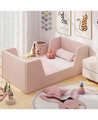 Slickblue Toddler Bed Frame Velvet Upholstered with Safety Rails