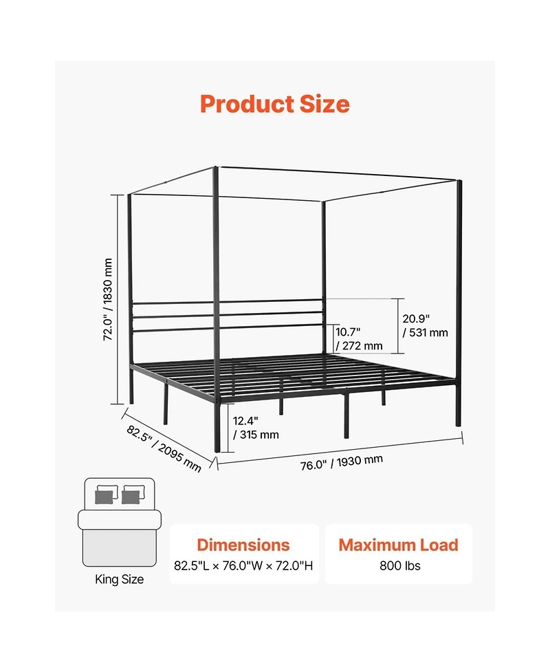 Sugift King Canopy Bed Frame Metal Four Poster Heavy Duty with Steel Slats