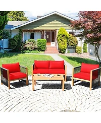 Costway 4 Pcs Wood Outdoor Patio Furniture Set with Cushions Cushion Cover Sets