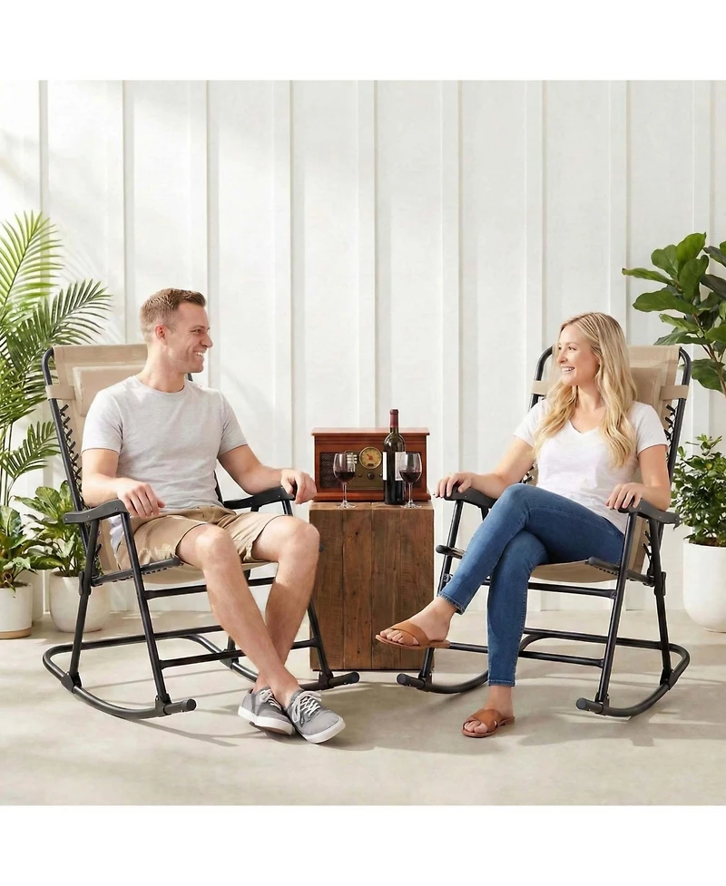 ECHTPeak Outdoor Portable Folding Rocking Chair Set of 2, with Adjustable Headrest and Breathable Textilene Mesh, Rust Resistant Steel