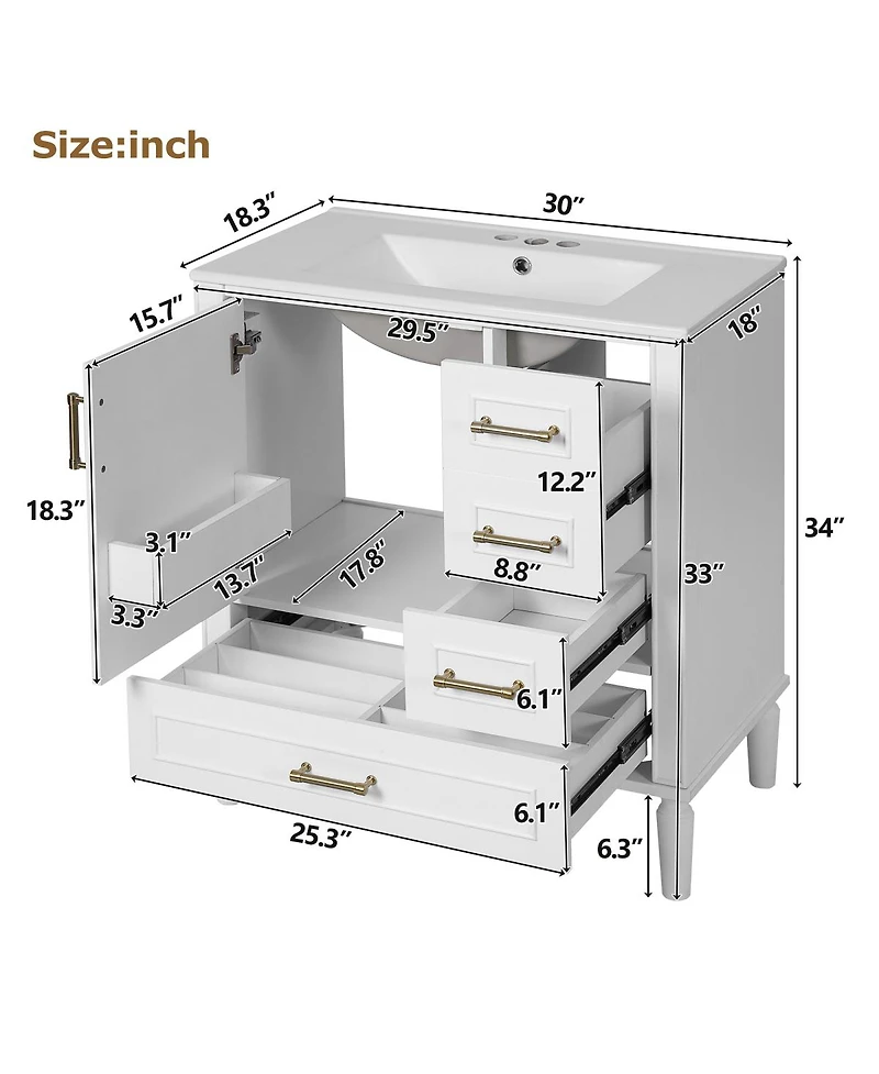 Sillysis Bathroom Vanity with Ceramic Sink, Solid Wood Frame, 3 Drawers and Soft Close Door, Modern Storage Cabinet