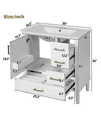 Sillysis Bathroom Vanity with Ceramic Sink, Solid Wood Frame, 3 Drawers and Soft Close Door, Modern Storage Cabinet