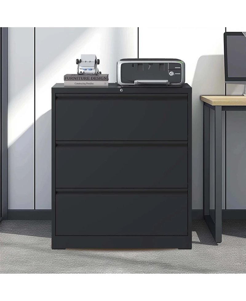 Rainsken 3 Drawer Lateral File Cabinet, Heavy-Duty Metal Filing Cabinet with Lock for Home Office, Fits Legal/Letter/A4/F4