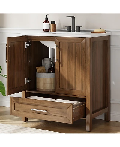 homfan 30" Bathroom Vanity with Sink, Vintage Bathroom Cabinet Vanity with Doors and Drawers, Farmhouse Wooden Freestanding Bathroom Cabinet with Top