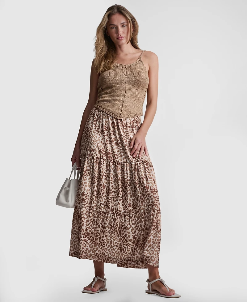 Dkny Jeans Women's Printed Elastic Waist Tiered Satin Skirt