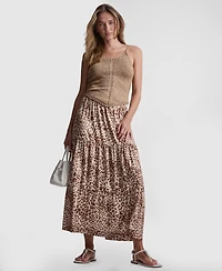Dkny Jeans Women's Printed Elastic Waist Tiered Satin Skirt