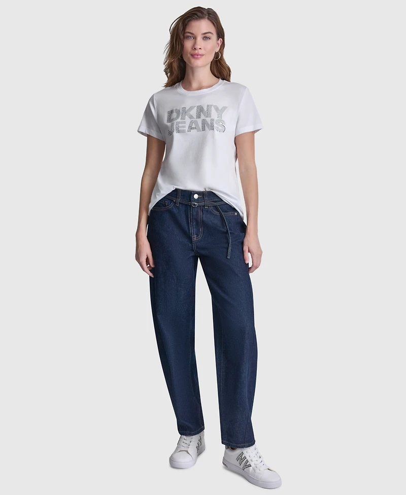 Dkny Jeans Women's Stacked Rhinestone Dome Stud Logo Crewneck T-Shirt