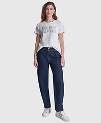 Dkny Jeans Women's Stacked Rhinestone Dome Stud Logo Crewneck T-Shirt