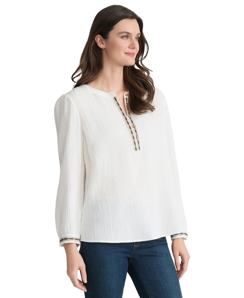 Jones New York Petite V-Neck Embroidered Placket Popover Top