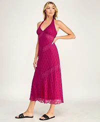 Row A Juniors' Lace Detail Halter Neck Midi Dress