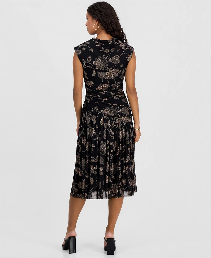 Robbie Bee Petite Printed Side-Ruched Midi Dress