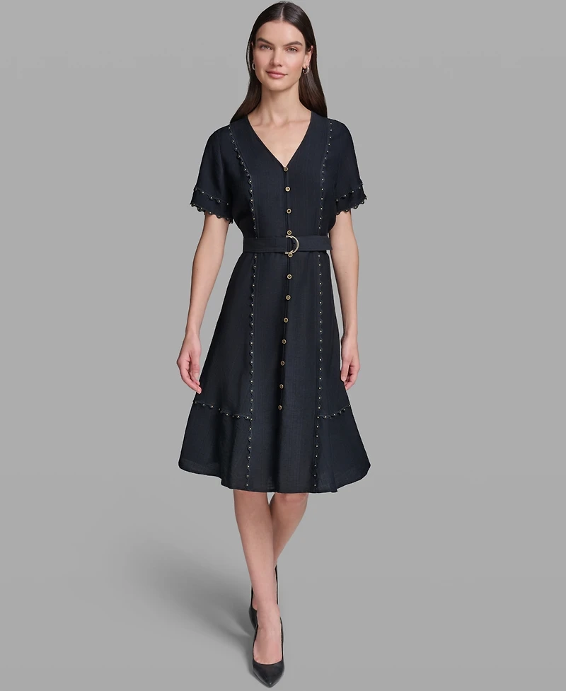Karl Lagerfeld Paris Women's Belted Nailhead Trim V-Neck Dress