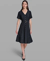 Karl Lagerfeld Paris Women's Belted Nailhead Trim V-Neck Dress