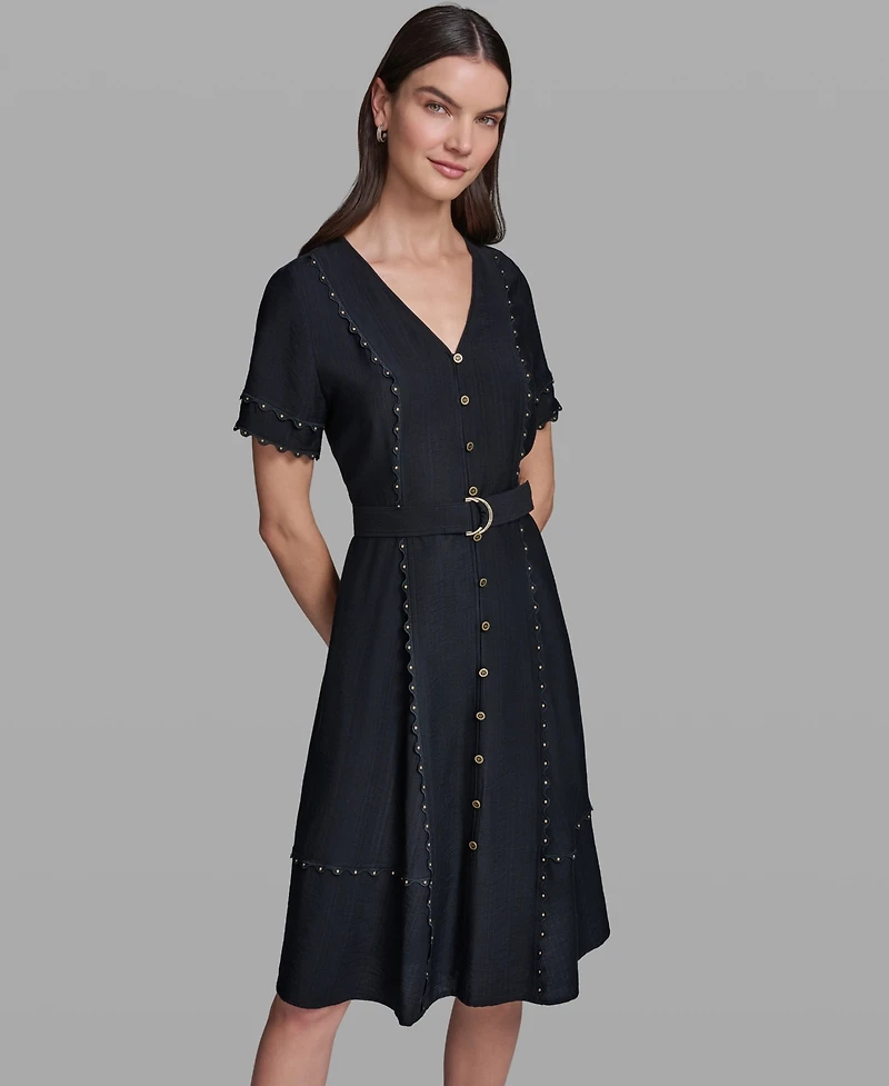 Karl Lagerfeld Paris Women's Belted Nailhead Trim V-Neck Dress