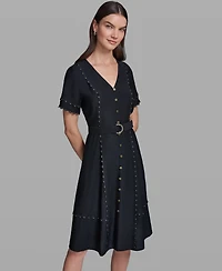 Karl Lagerfeld Paris Women's Belted Nailhead Trim V-Neck Dress