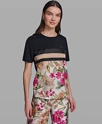 Karl Lagerfeld Paris Women's Short-Sleeve Mixed Media Print Knit Top